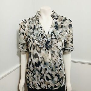 New York & Company Womens Leopard Print Ruffle V-Neck Blouse Tan Black Large EUC